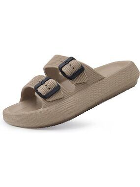 Women's Khaki Pillow Adjustable Width Design Double Buckle Flat Slides Slippers